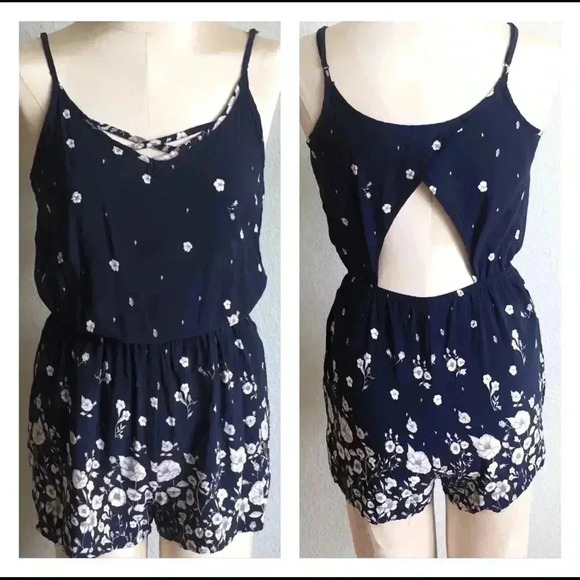Garage Blue Floral Romper with Cut Out Back Detail - Picture 2 of 7